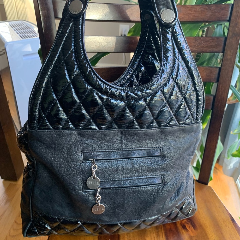 Gustto black quilted puffer patent leather? bag